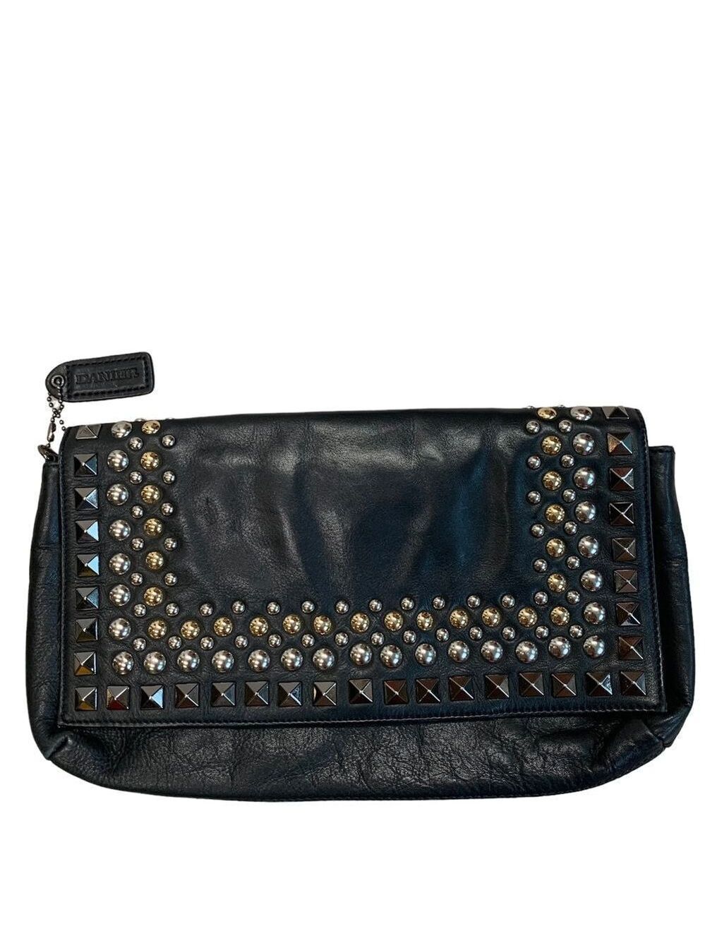 Danier Black leather silver gold tone studded embellished evening clutch purse